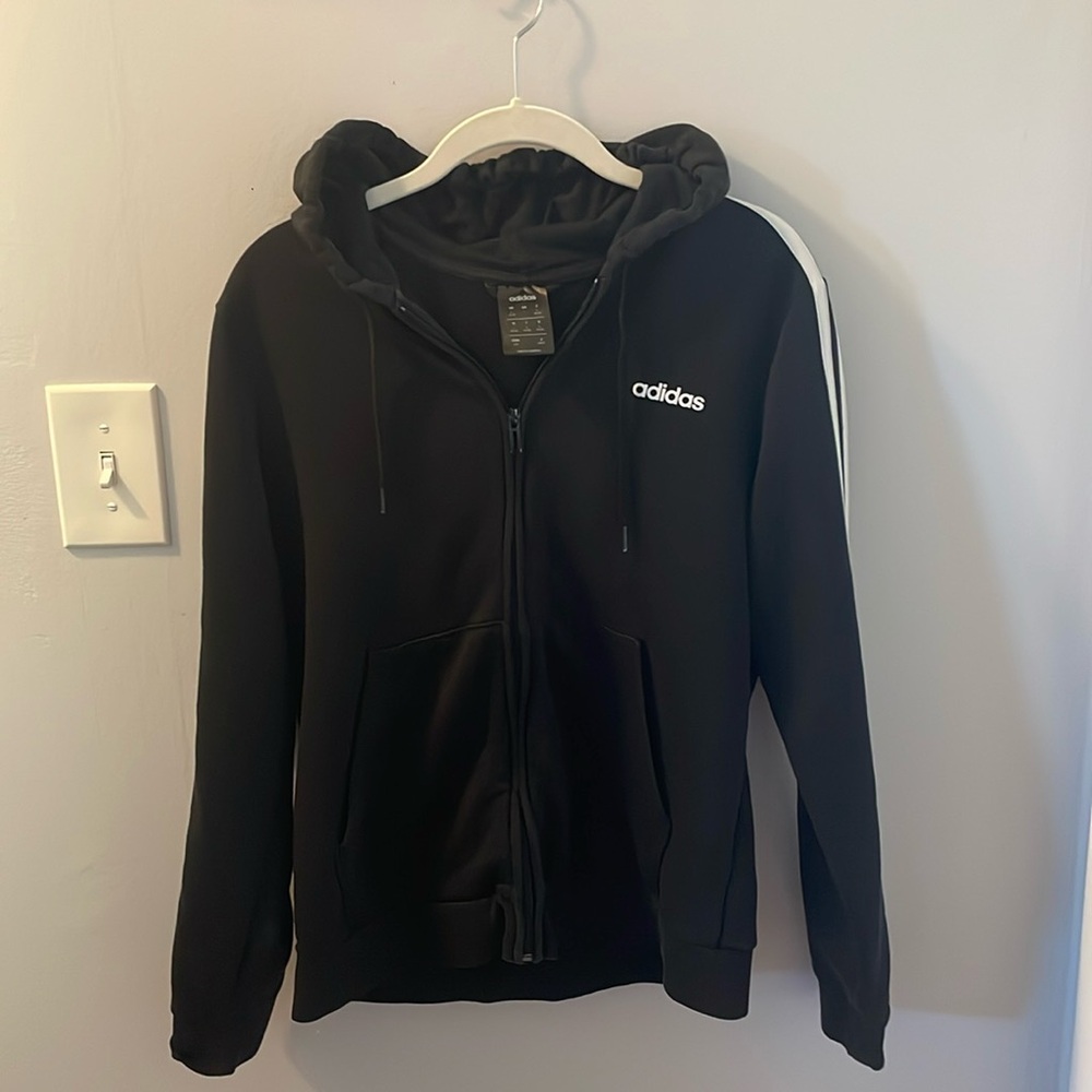 Adidas Classic Black and White hoodie with stripes down arms, large